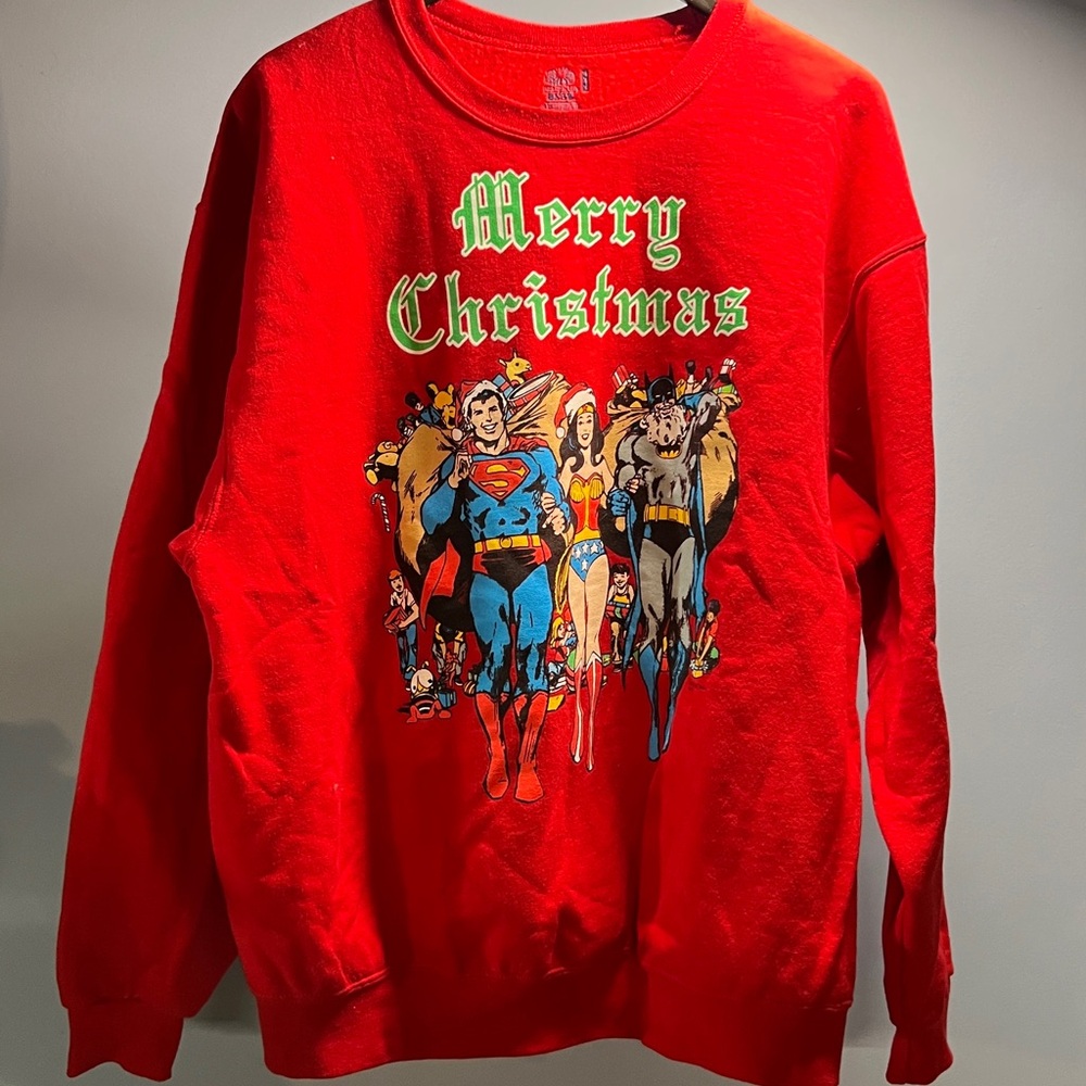 DC Justice League Batman Superman Wonder Woman Ugly Sweater XL Merry Christmas